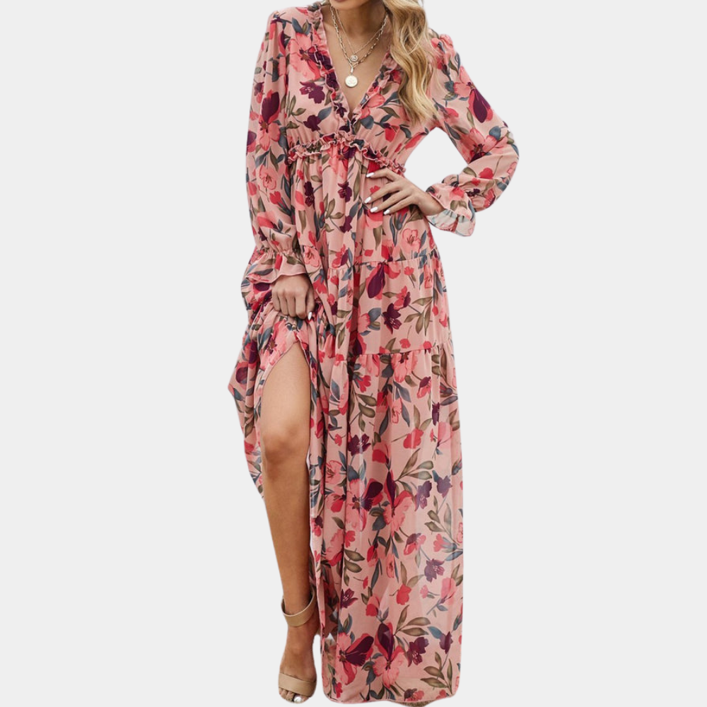 Vestido Maxi Floral | Envolvimento Boho | Decote em V Profundo