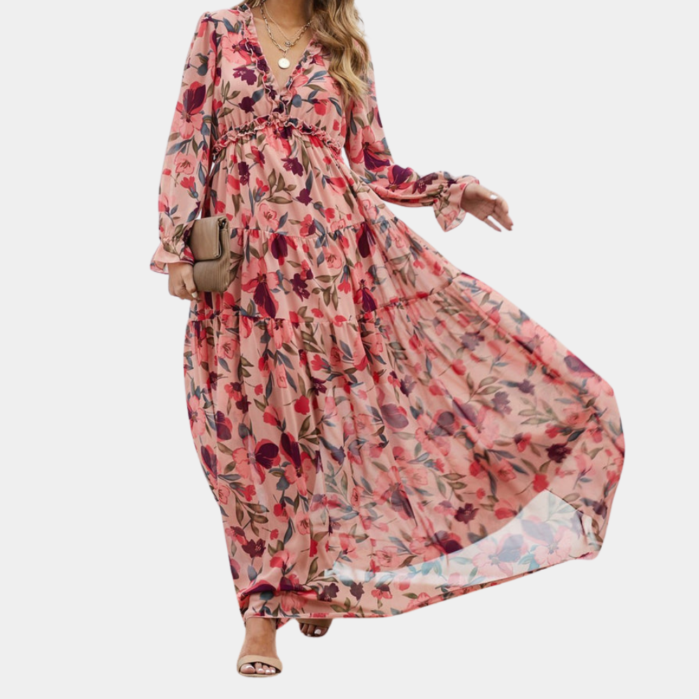 Vestido Maxi Floral | Envolvimento Boho | Decote em V Profundo