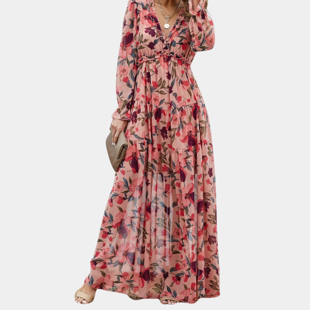 Vestido Maxi Floral | Envolvimento Boho | Decote em V Profundo