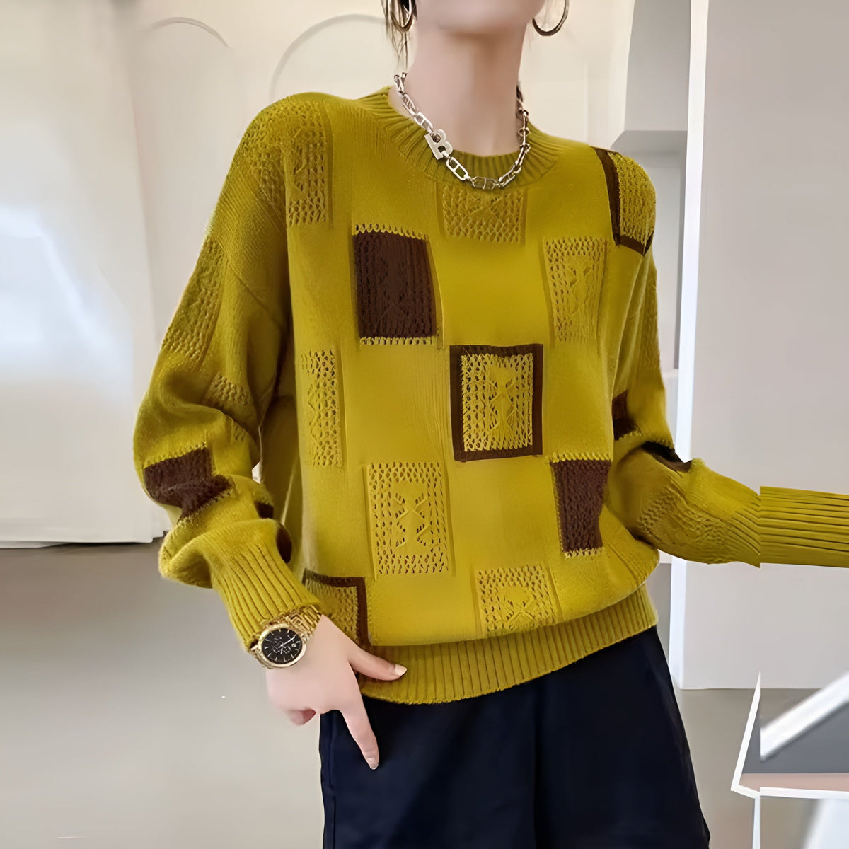 Camisola de malha padrão geométrico corte relaxed fit mulher