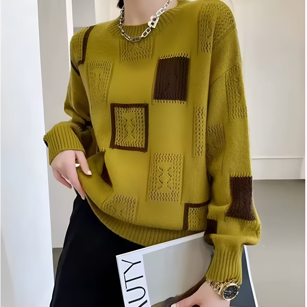 Camisola de malha padrão geométrico corte relaxed fit mulher