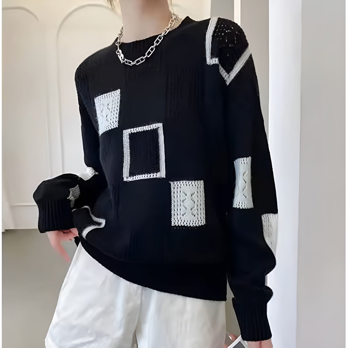 Camisola de malha padrão geométrico corte relaxed fit mulher