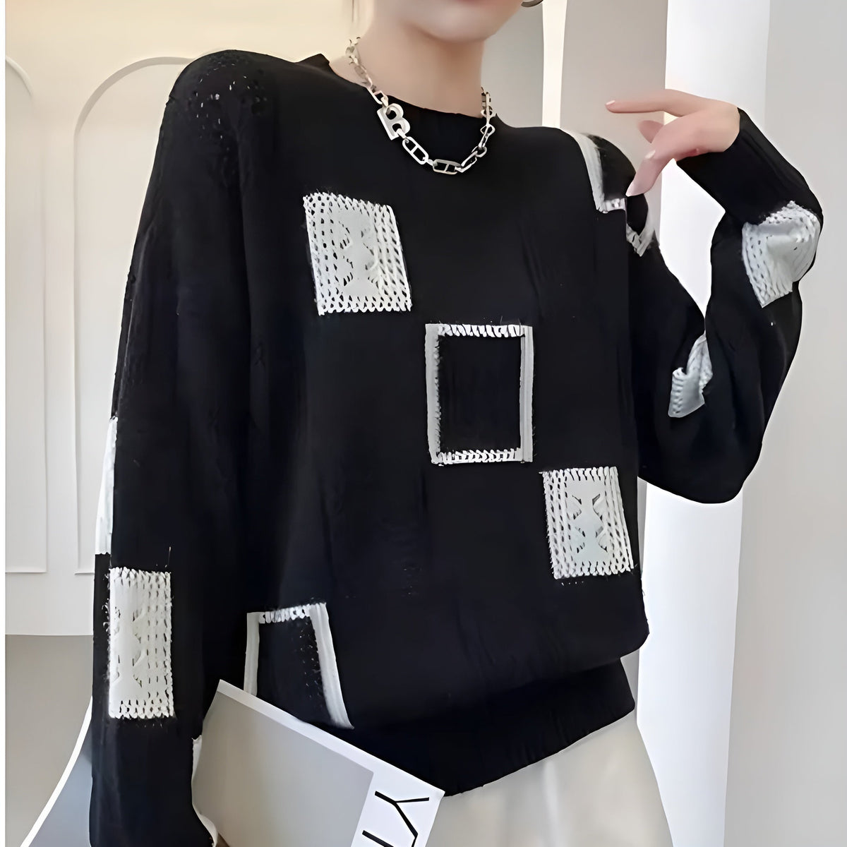 Camisola de malha padrão geométrico corte relaxed fit mulher