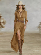 Vestido longo feminino com cinto ajustável e lapelas franzidas