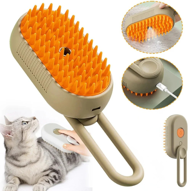 Escova a Vapor 3 em 1 para Pets com massagem, antipelos e spray integrado em ABS
