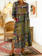 Vestido jeans feminino com patchwork étnico corte solto