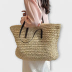 Bolsa de palha trançada feminina de ombro com alça firme