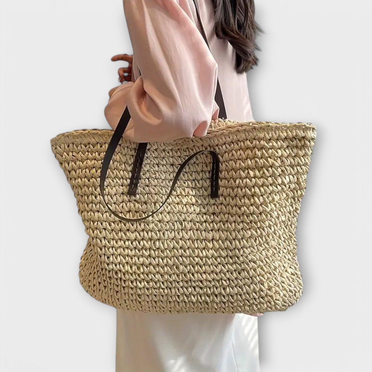 Bolsa de palha trançada feminina de ombro com alça firme