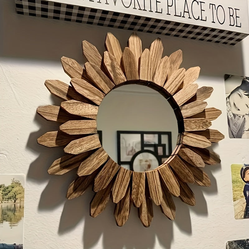Espelho de parede redondo estilo boho em madeira com design de girassol, decorativo