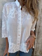 Blusa feminina de renda bordada branca elegante e respirável