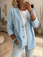 Casaco cardigan feminino denim com botões corte reto manga comprida