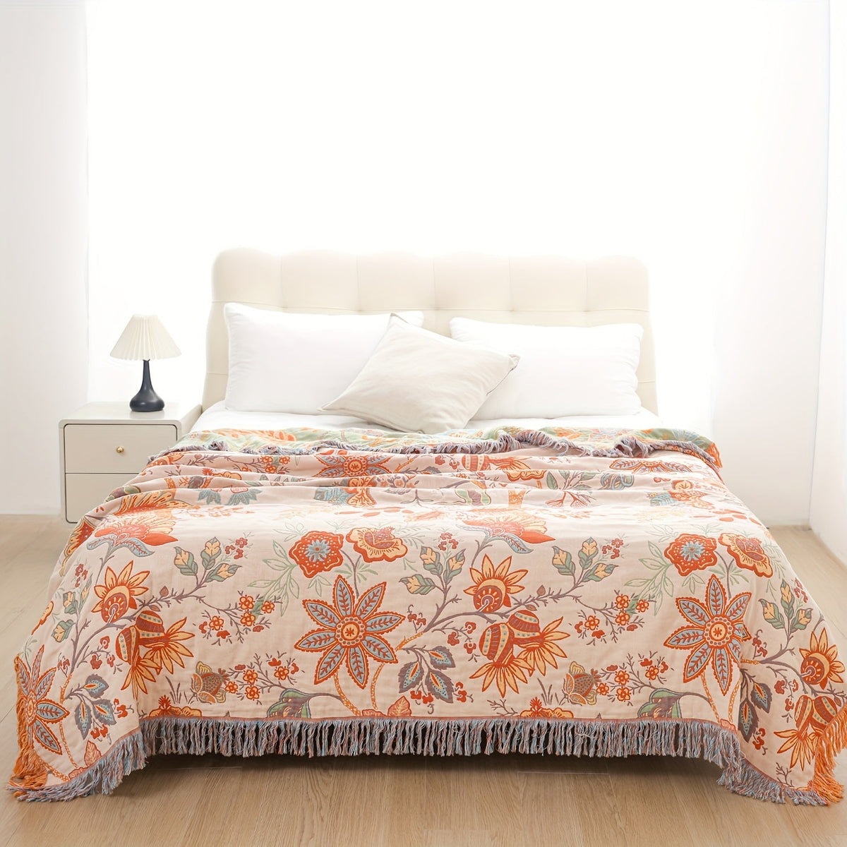 Manta de algodão com borla estilo boémio, padrão floral jacquard 200x230 cm