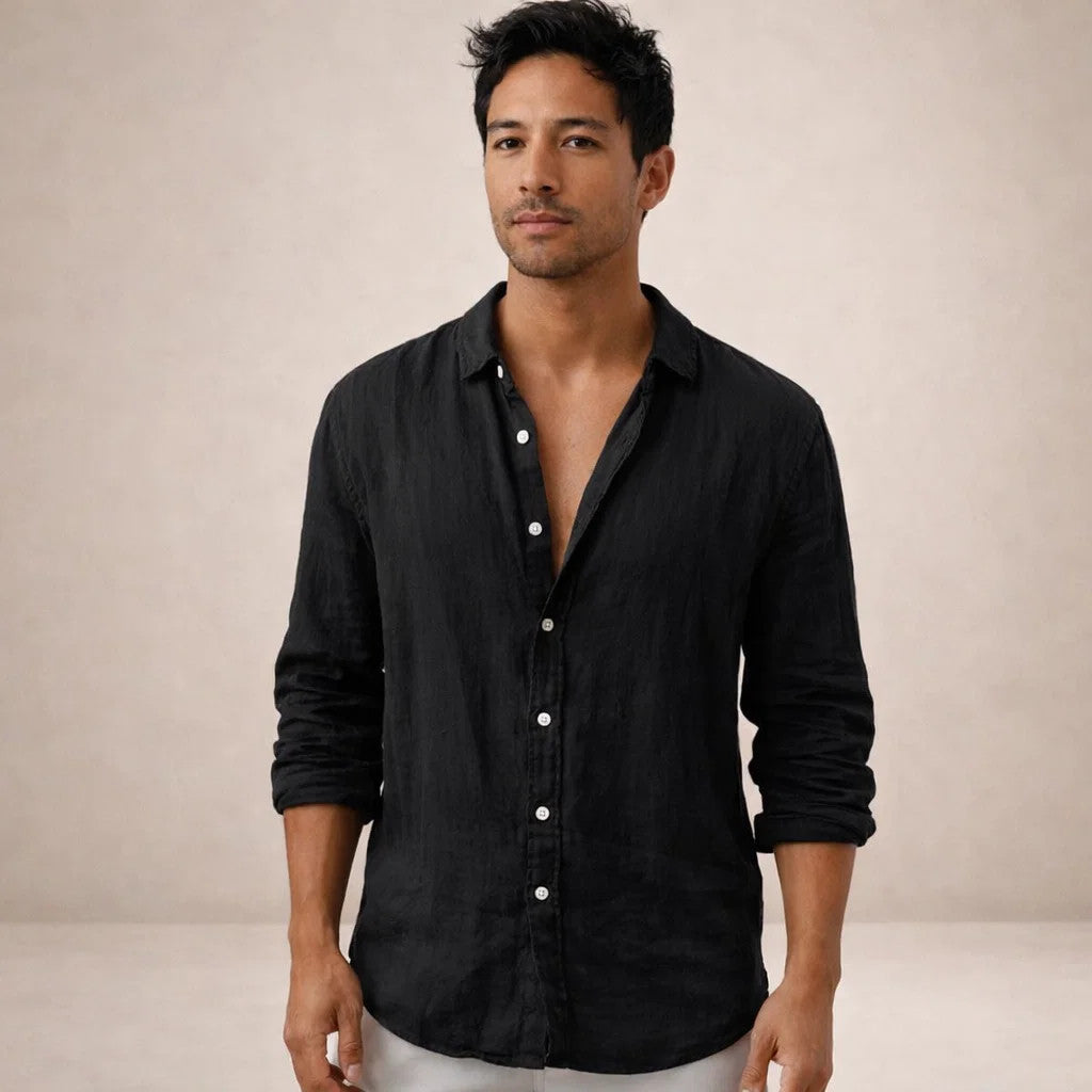 Camisa de linho homem casual manga longa corte direito