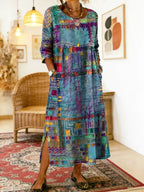 Vestido jeans feminino com patchwork étnico corte solto
