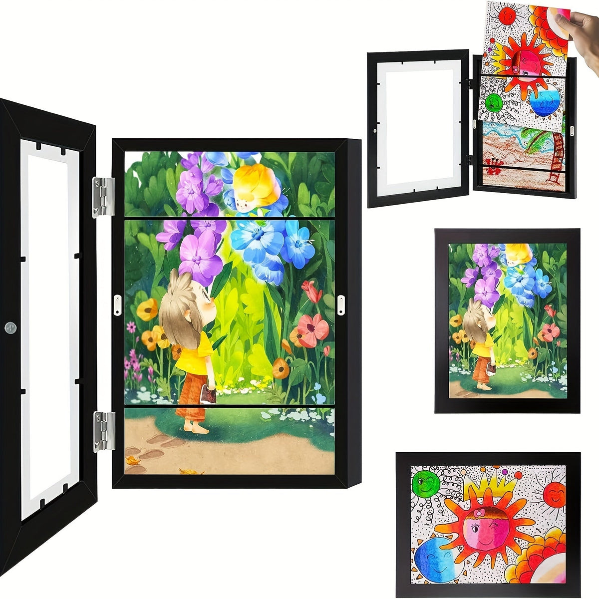 Moldura infantil A4 abertura frontal flip frame para projetos escolares e pinturas, madeira