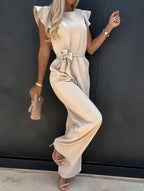 Jumpsuit mulher perna larga mangas borboleta com cinto incluído