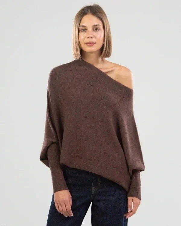 Camisola feminina assimétrica drapeada com gola swing