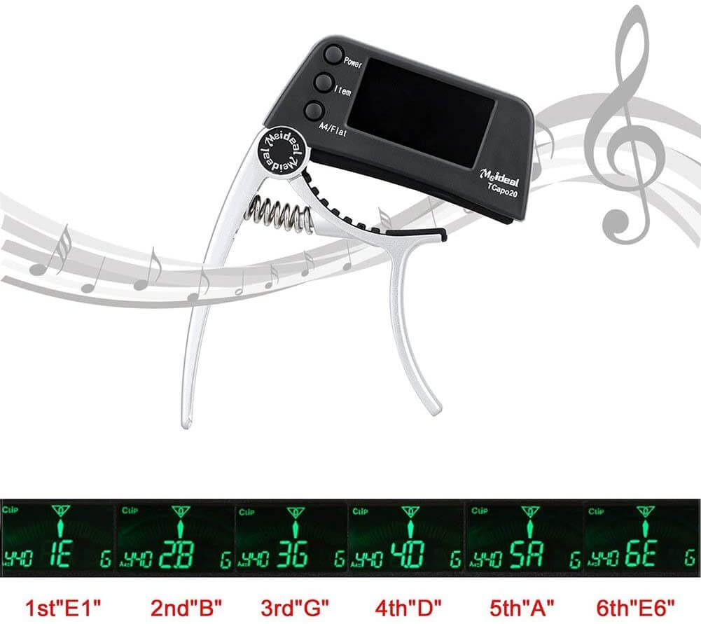Capo de guitarra 2 em 1 com afinador digital clip-on, liga de alumínio