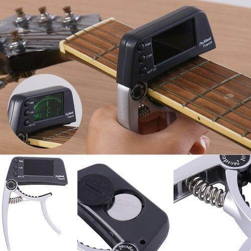 Capo de guitarra 2 em 1 com afinador digital clip-on, liga de alumínio