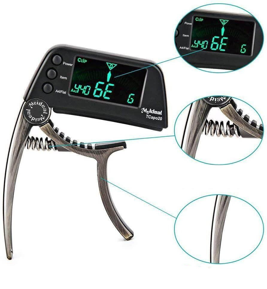 Capo de guitarra 2 em 1 com afinador digital clip-on, liga de alumínio