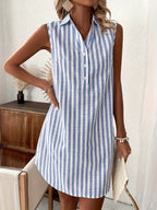 Vestido camisa mini listrado sem mangas feminino azul