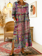 Vestido jeans feminino com patchwork étnico corte solto