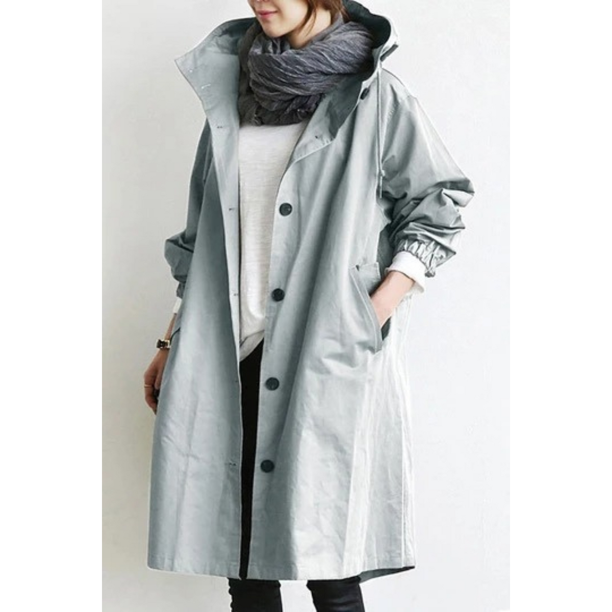 Casaco trench feminino longo com capuz ajustável em vários tons