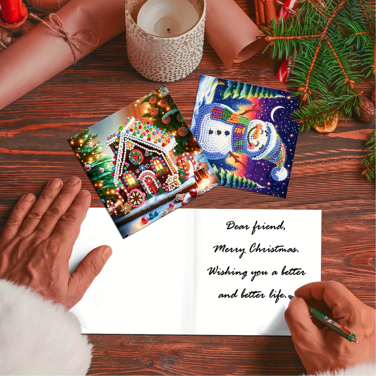 Kit de cartões de Natal com diamond painting 12 unidades Pai Natal e animais DIY