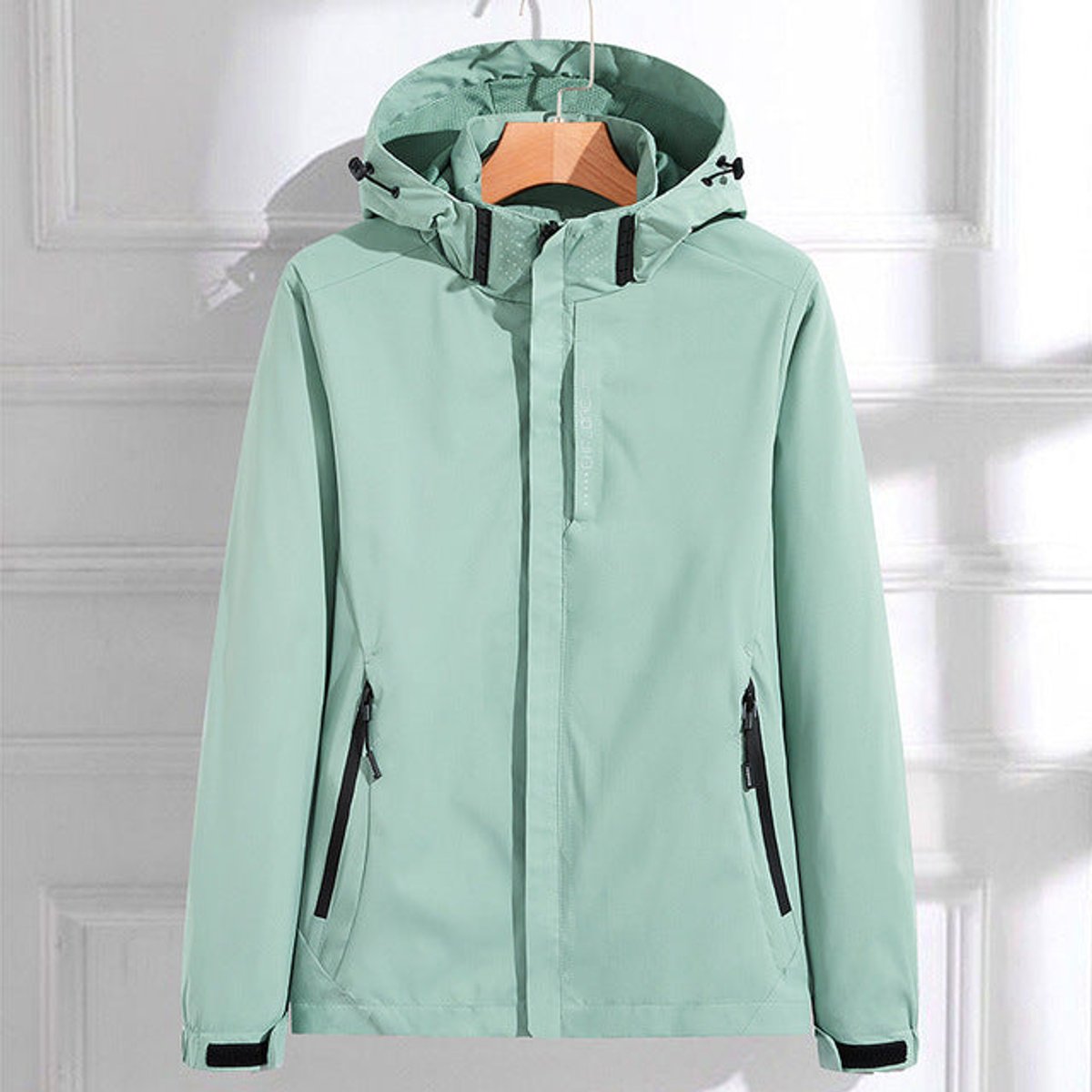 Jaqueta de chuva feminina impermeável com capuz removível caimento relaxado