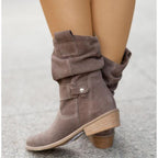 Botins slouch femininos com punho dobrável e salto bloco baixo