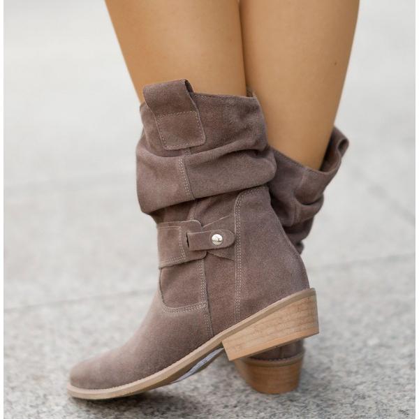 Botins slouch femininos com punho dobrável e salto bloco baixo
