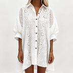 Vestido bordado com botões oversized feminino midi