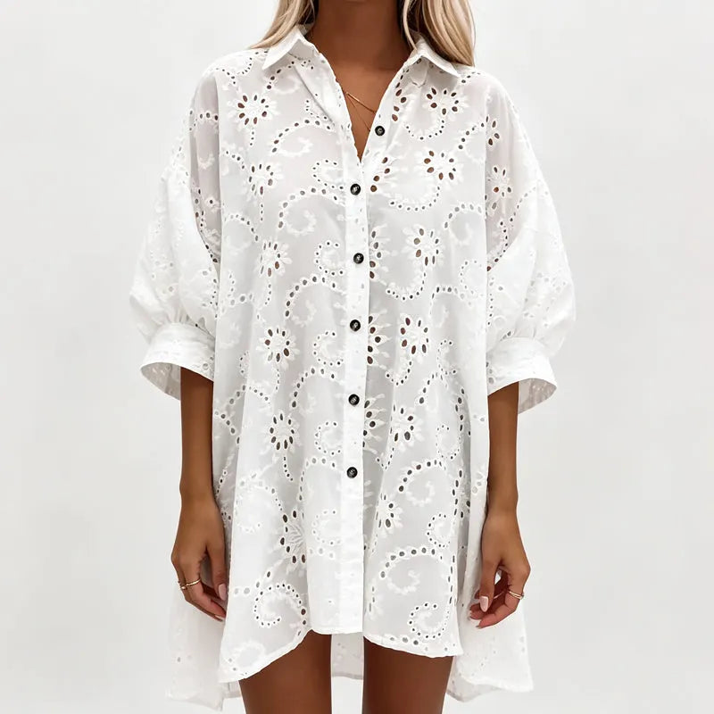 Vestido bordado com botões oversized feminino midi