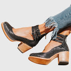 Botas femininas tornozelo salto bloco com fivelas decorativas