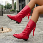 Botins femininos salto bloco com cadarço decorativo e cano slouchy