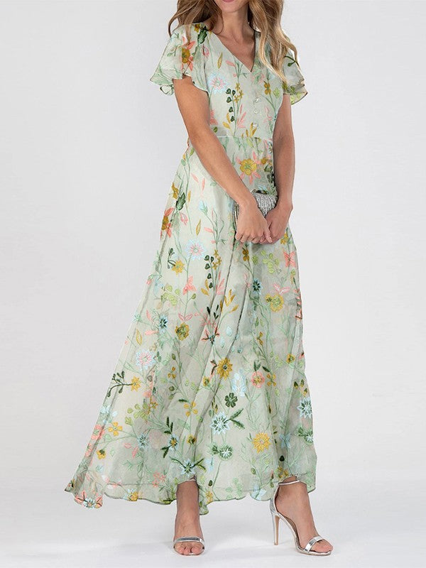 Vestido longo floral feminino com mangas curtas e tecido fluido