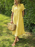 Vestido longo feminino maxi com botões frontais e mangas curtas