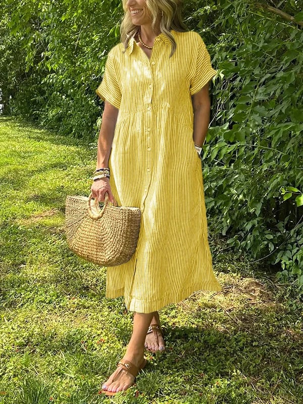 Vestido longo feminino maxi com botões frontais e mangas curtas
