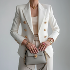 Blazer feminino duplo abotoamento com botões dourados e gola entalhada