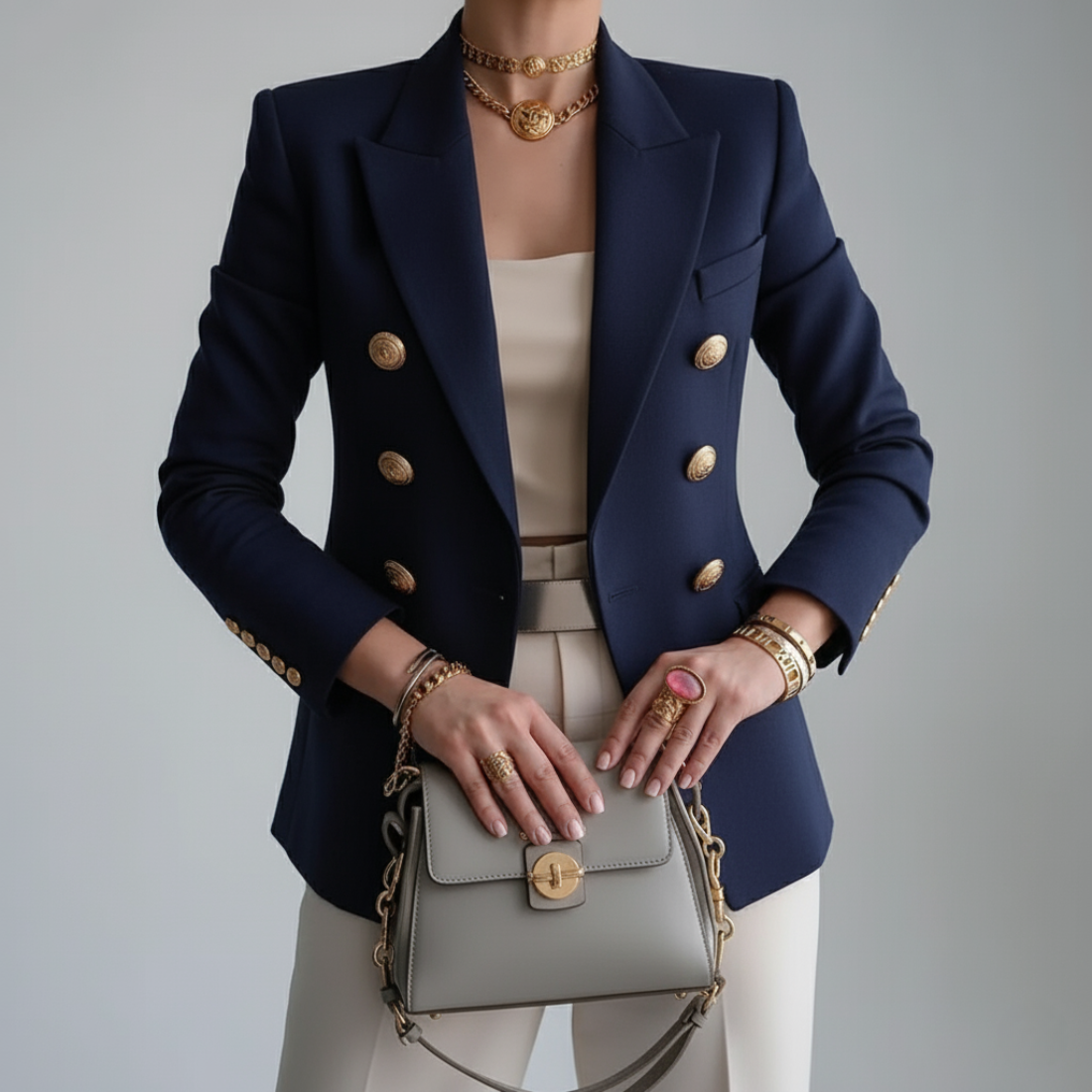 Blazer feminino duplo abotoamento com botões dourados e gola entalhada