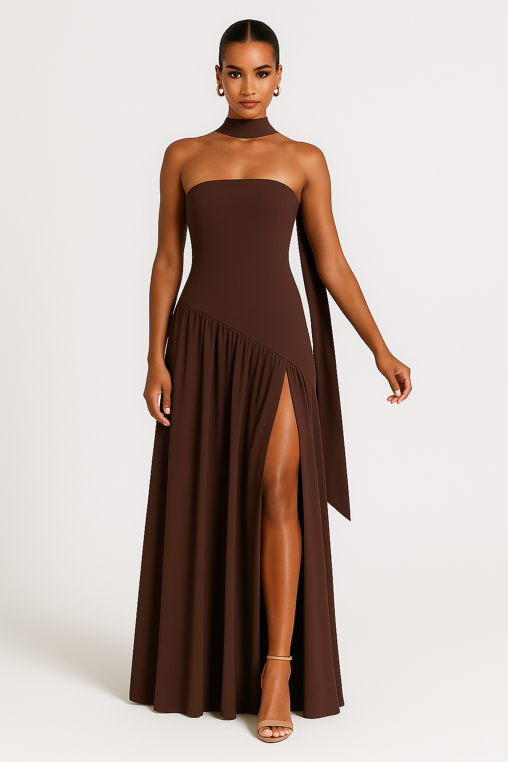 Vestido tomara que caia feminino longo com fenda alta e cintura assimétrica