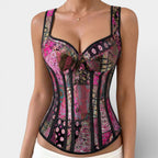 Corpete feminino jacquard retro modelador em preto branco e violeta