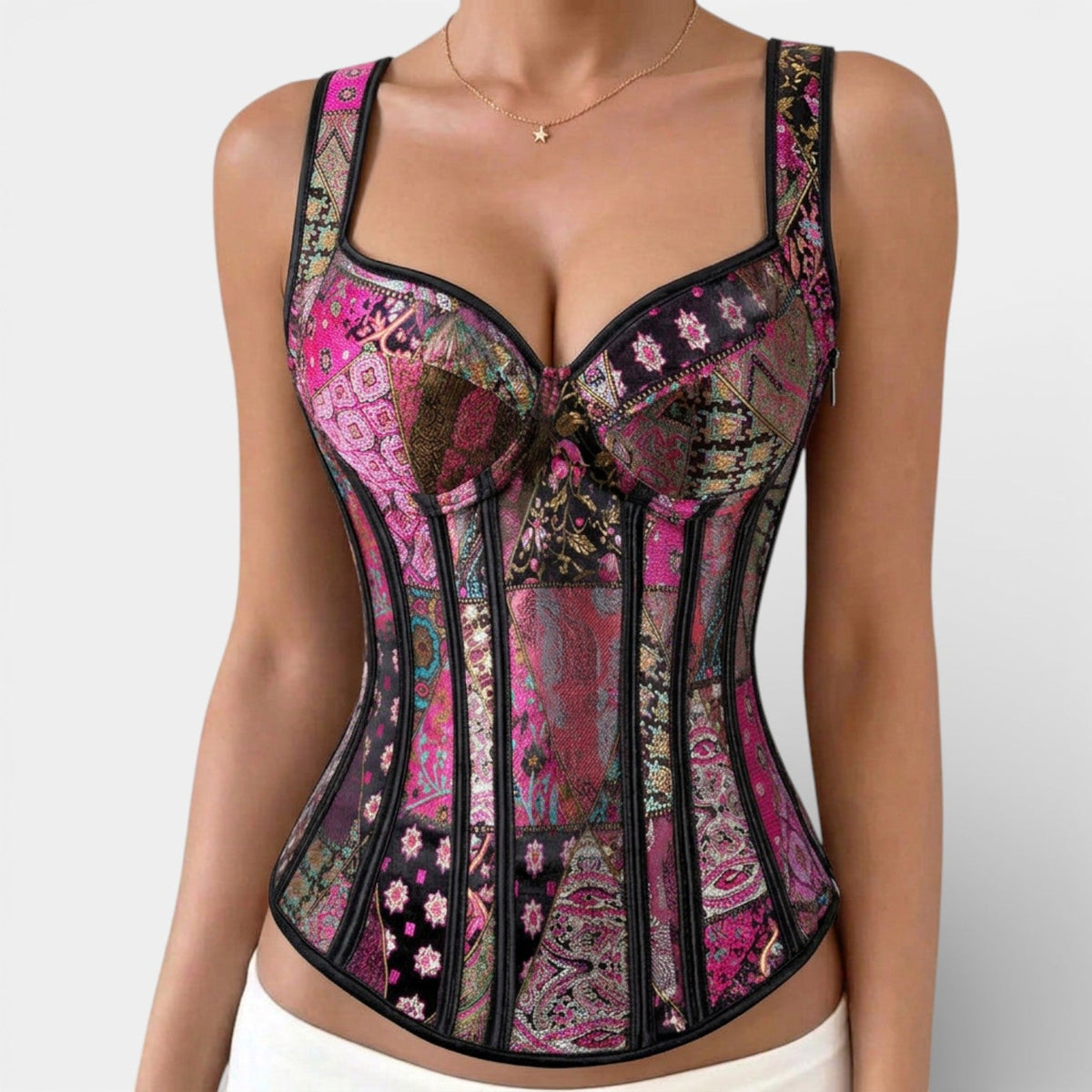 Corpete feminino jacquard retro modelador em preto branco e violeta