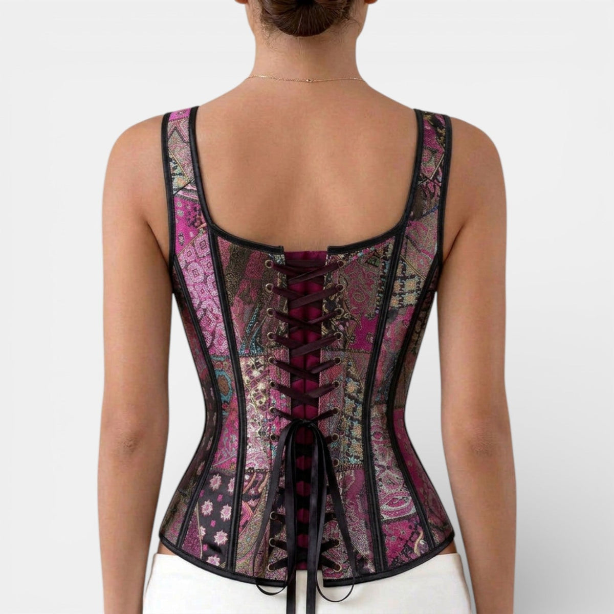 Corpete feminino jacquard retro modelador em preto branco e violeta