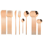 Conjunto de talheres em aço inox 24 peças com acabamento dourado e cabos coloridos preto, branco e rosa