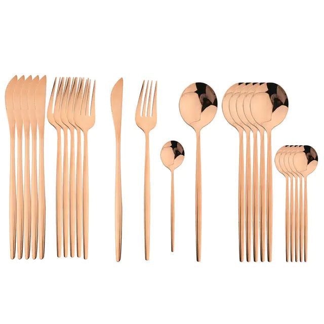 Conjunto de talheres em aço inox 24 peças com acabamento dourado e cabos coloridos preto, branco e rosa