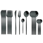 Conjunto de talheres em aço inox 24 peças com acabamento dourado e cabos coloridos preto, branco e rosa