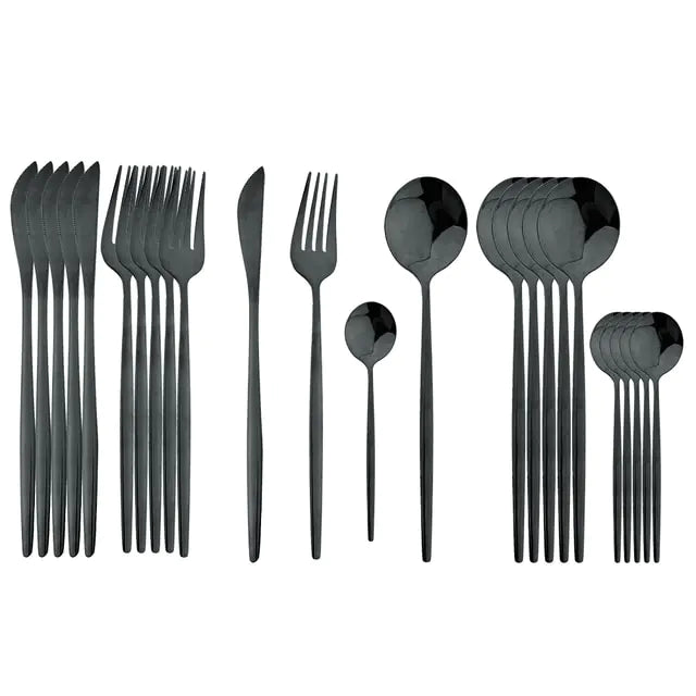 Conjunto de talheres em aço inox 24 peças com acabamento dourado e cabos coloridos preto, branco e rosa