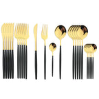 Conjunto de talheres em aço inox 24 peças com acabamento dourado e cabos coloridos preto, branco e rosa