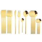 Conjunto de talheres em aço inox 24 peças com acabamento dourado e cabos coloridos preto, branco e rosa